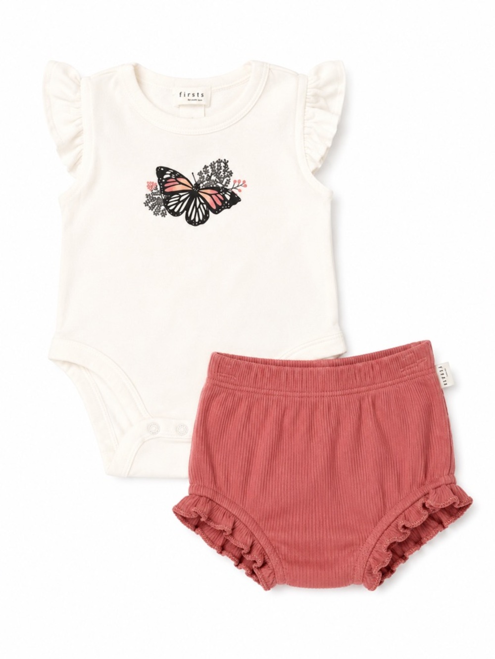 New - Firsts by Petit Lem Cream Butterfly Bodysuit & Dusty Rose Bloomers Set